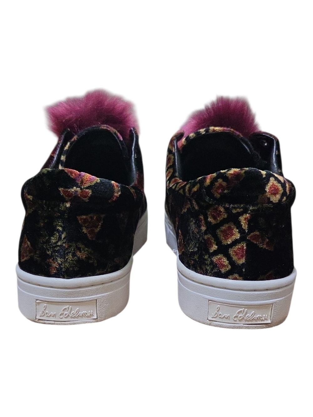 Sam Edelman Leya Black Velvet Slip On Sneakers with Burgundy Fur Pom Size 10M - Picture 8 of 10